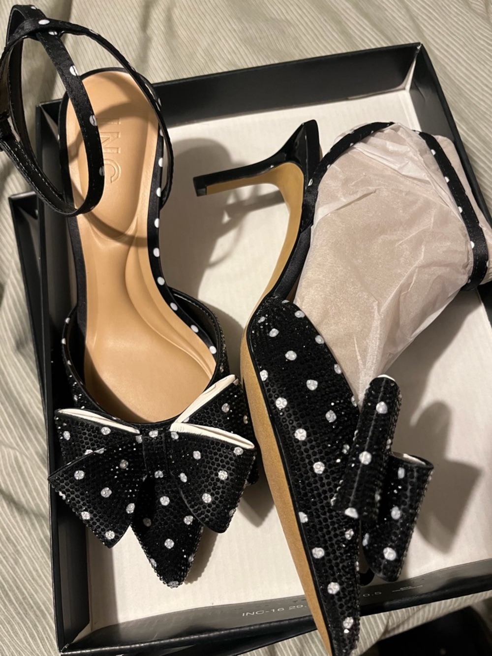 INC International Concepts Black Sequin Bow Pointed Toe Ankle Strap Heels - Picture 3 of 6